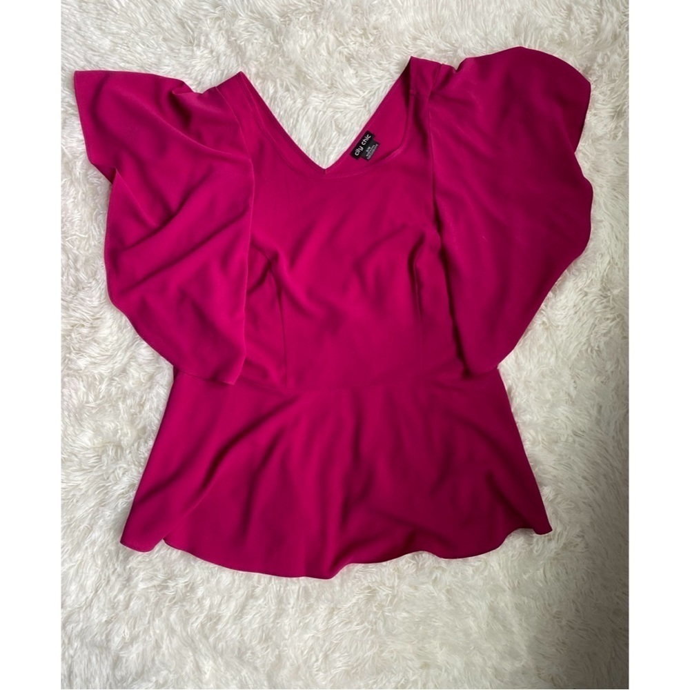 City Chic Fuchsia Flutter Sleeve V-Neck Blouse